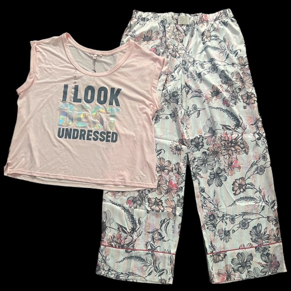 Victoria’s Secret Satin pants & I look Best Undressed print top pajama set L